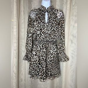 Rachel Roy Leopard Print Mini Dress Chiffon Sheer Long Sleeve Punk Goth Pinup S
